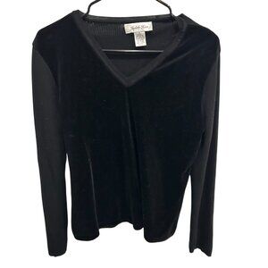 Judith Hart Womens Black Velour V Neck Long Sleeve Top Sz Medium